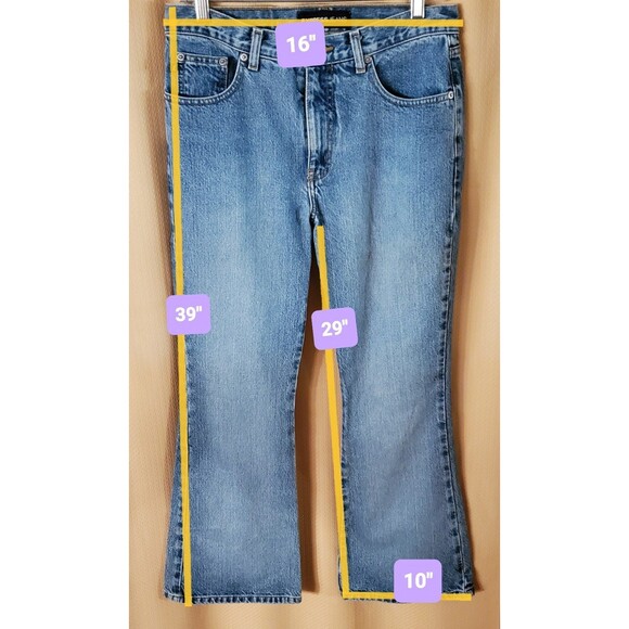 Vtg Express Jeans Size 9/10 SHORT Extreme Flare Distressed Light-Medium Blue Y2K - Picture 6 of 12